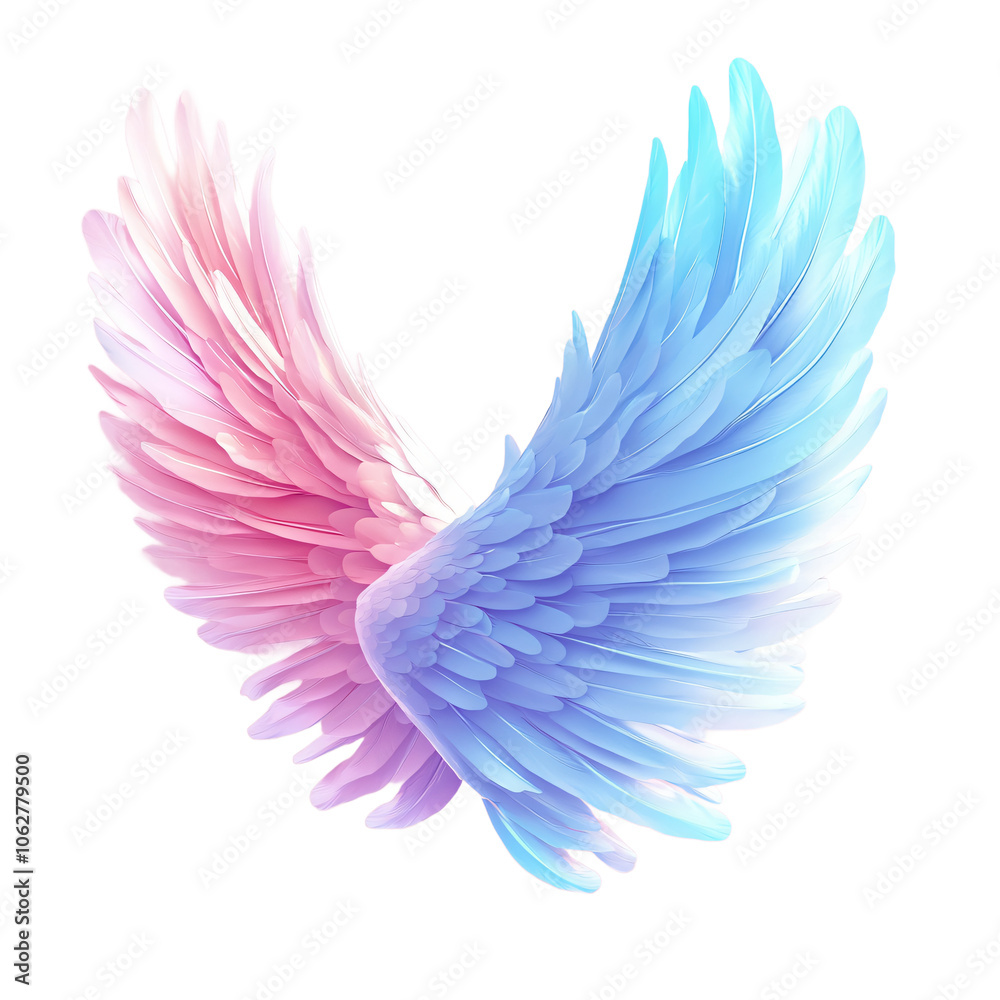 Fototapeta premium A pair of ethereal wings in gradient shades of pink and blue, designed with intricate feather details, symbolizing freedom and beauty for art and design. transparent background, png