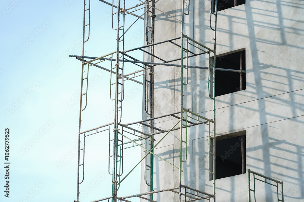 Extensive scaffolding providing platforms for work in progress on a new apartment block,Tall building under construction with scaffolds,Construction Site of New Building Extensive scaffolding providing platforms for work in progress on a new apartment block,Tall building under construction with scaffolds,Construction Site of New Building