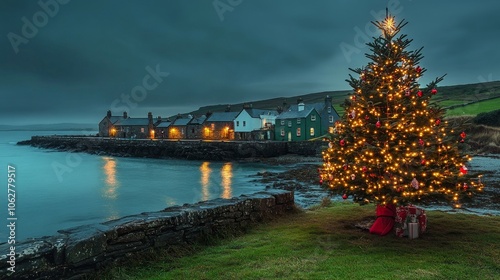 Festive Christmas Scene in a Charming Coastal Irish Village with a Decorated Tree and Warm Holiday Lights by the Scenic Waterfront