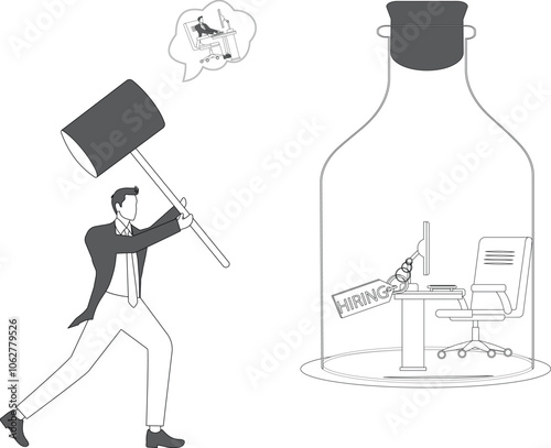 Businessman,can't find a job, Chair stuck in glass bottle, man wants to take it