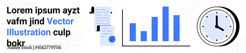 Bar graph, clock, and documents with text and icons in modern blue and black color scheme. Ideal for infographics, presentations, business reports, educational materials, websites, marketing