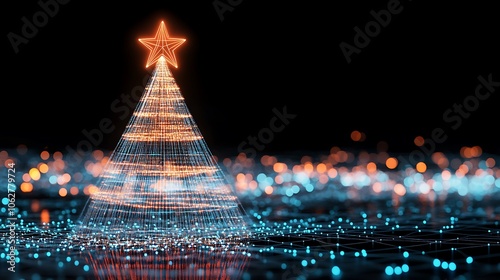 Enchanting Digital Christmas Tree Surrounded by Colorful Bokeh Lights and Sparkling Effects