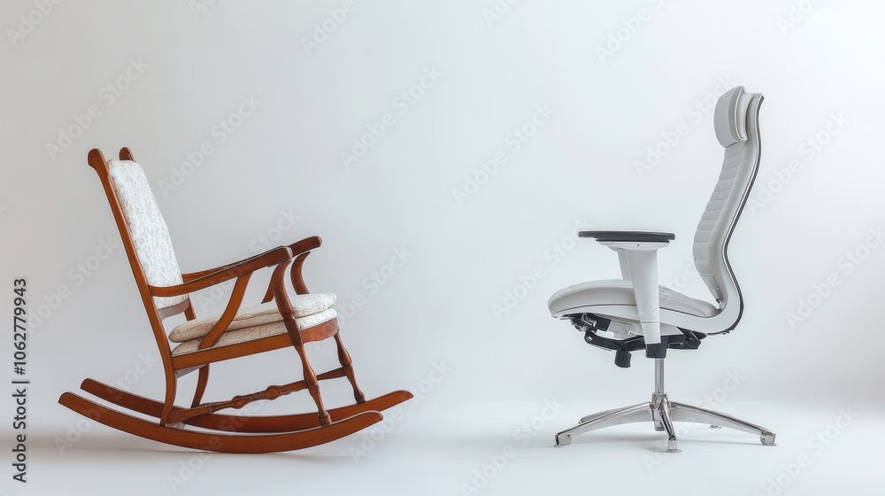A side-by-side comparison between a classic rocking chair and a modern ergonomic office chair on a white background A side-by-side comparison between a classic rocking chair and a modern ergonomic office chair on a white background