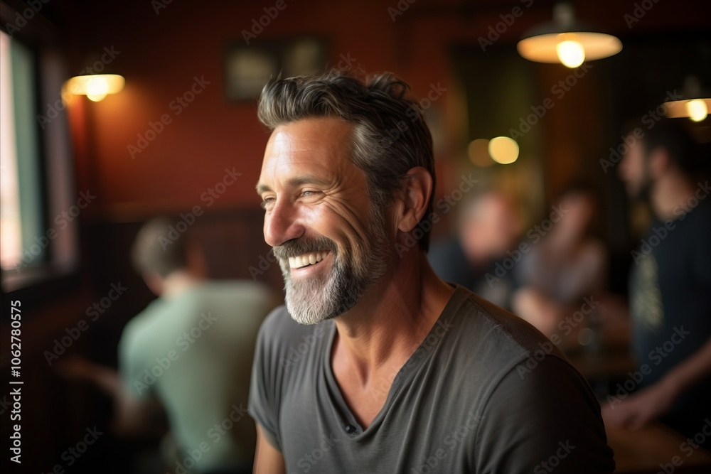 Portrait of a handsome middle-aged man smiling in a pub Portrait of a handsome middle-aged man smiling in a pub
