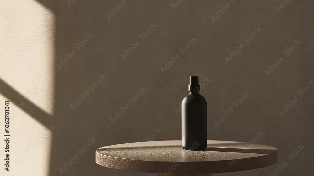 Bottle on minimalist table soft light sleek design neutral tones Bottle on minimalist table soft light sleek design neutral tones