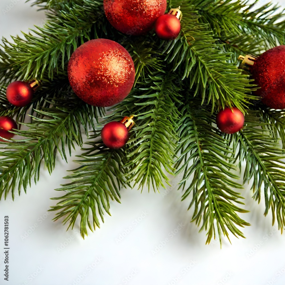fir tree branches, red decorations on a white background fir tree branches, red decorations on a white background