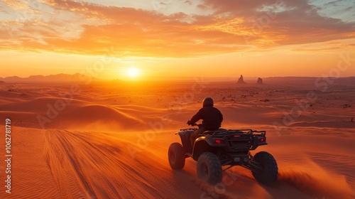 A lone ATV rider traverses a vast desert landscape at sunset, leaving a trail of dust in their wake. 