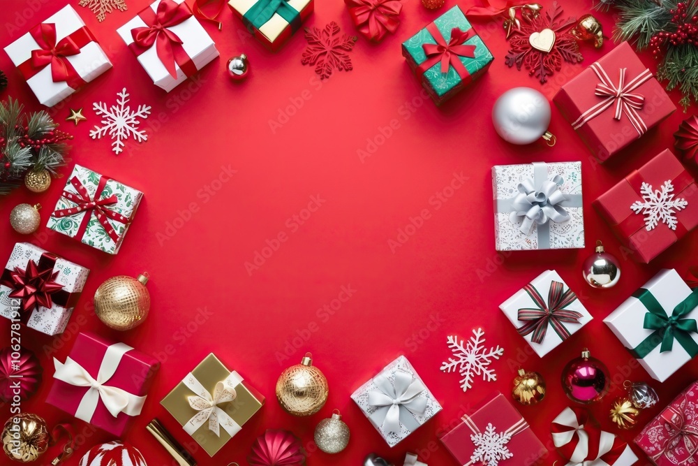 Christmas or Happy New Year composition. Frame made of fir branches, gift boxes and holiday decorations on red background Christmas or Happy New Year composition. Frame made of fir branches, gift boxes and holiday decorations on red background