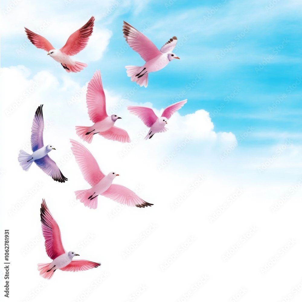 Fototapeta premium Colorful Birds Flying Through Blue Sky
