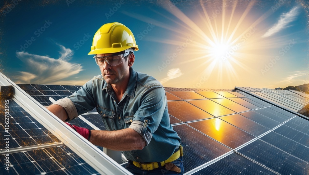 Photorealistic cinematic portrait of focused electrician with solar panels and sun exposure Photorealistic cinematic portrait of focused electrician with solar panels and sun exposure
