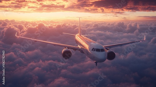 Airplane flying above the clouds at sunset.