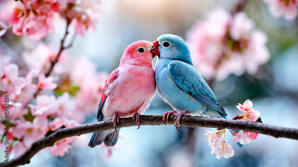 cute small pink blue bird perch on flower branch together with flower petals rain as background