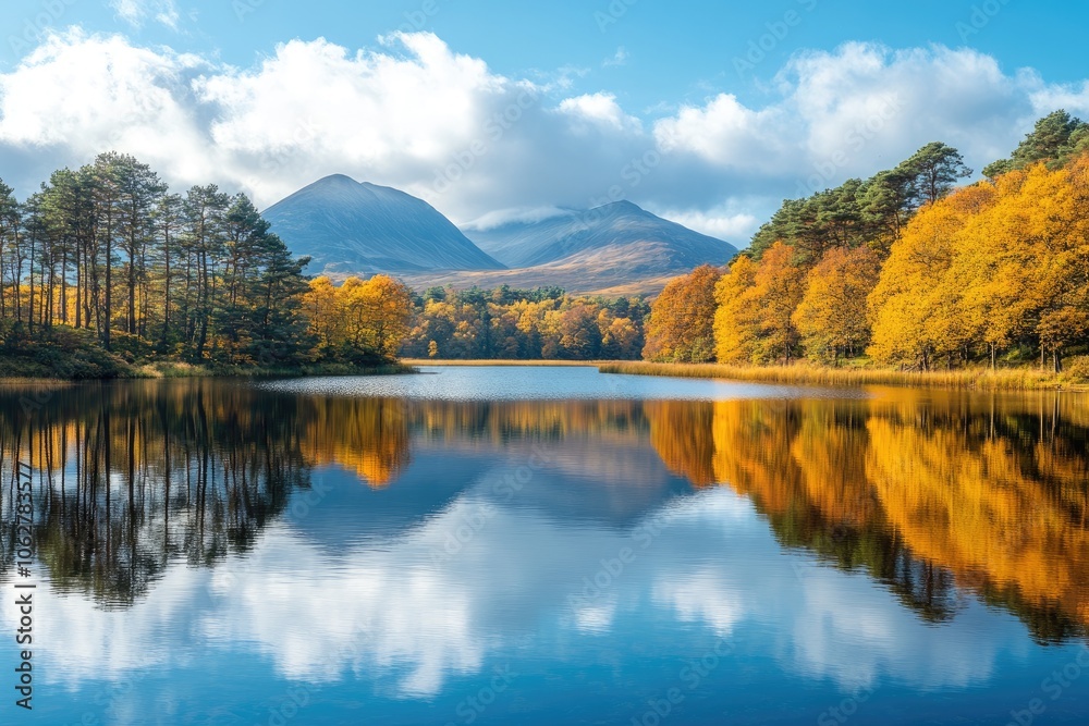 Naklejka premium Beautiful autumn foliage reflecting in calm lake with mountains and cloudy sky