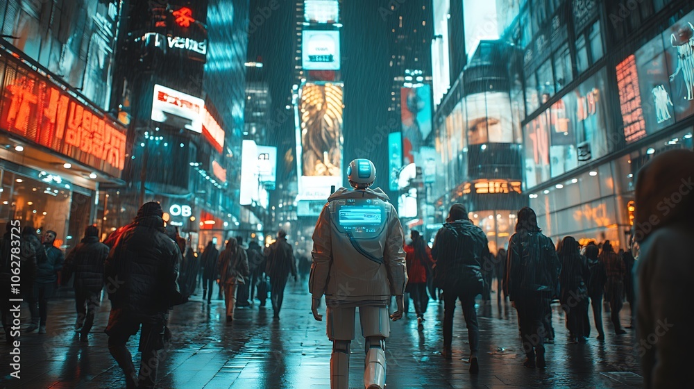Naklejka premium AI robot in a futuristic city, walking with a diverse crowd of people, sleek glass buildings with holographic signs, vibrant neon lights casting reflections, ambient high-tech lighting,
