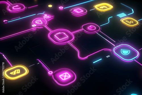 A dynamic neon light trails graphic illustrating a customer journey map with various touchpoints on a sleek black background.