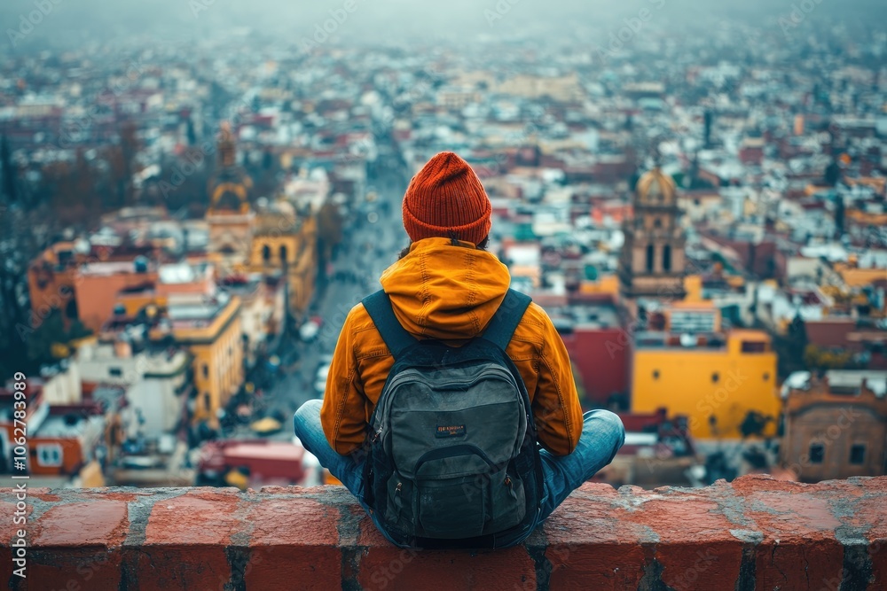 Obraz premium Tourist admiring guanajuato cityscape from scenic viewpoint
