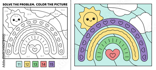 Solve the problem, color the picture. Cute rainbow with sun and clouds in the sky. Coloring book. Vector.
