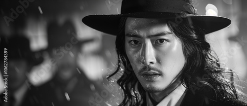 A 1950s-inspired black-and-white image from a Korean film noir crime movie, featuring a rain-drenched detective in a hat, confronting the villain's henchmen photo