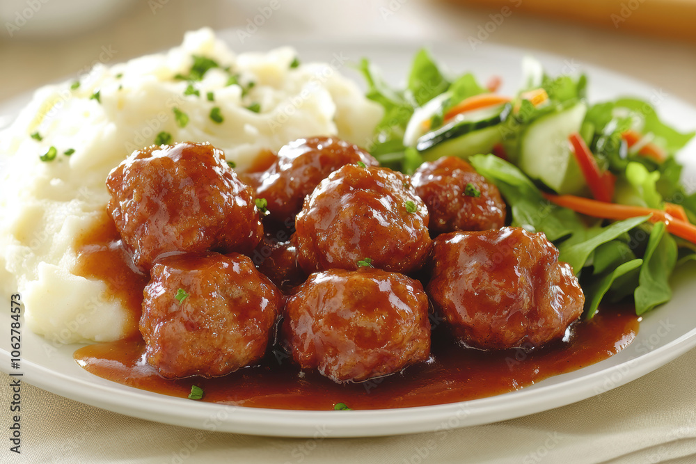 fried meatballs served with creamy mashed potatoes and a fresh green salad. AI generative. fried meatballs served with creamy mashed potatoes and a fresh green salad. AI generative.