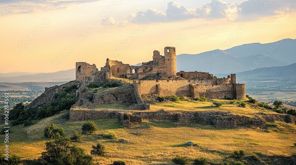 Obraz premium Ruins of an ancient castle standing on a hill under a blue sky