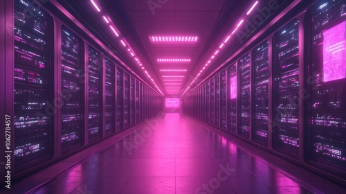 A long hallway in a server room with pink neon lights illuminating the rows of servers.