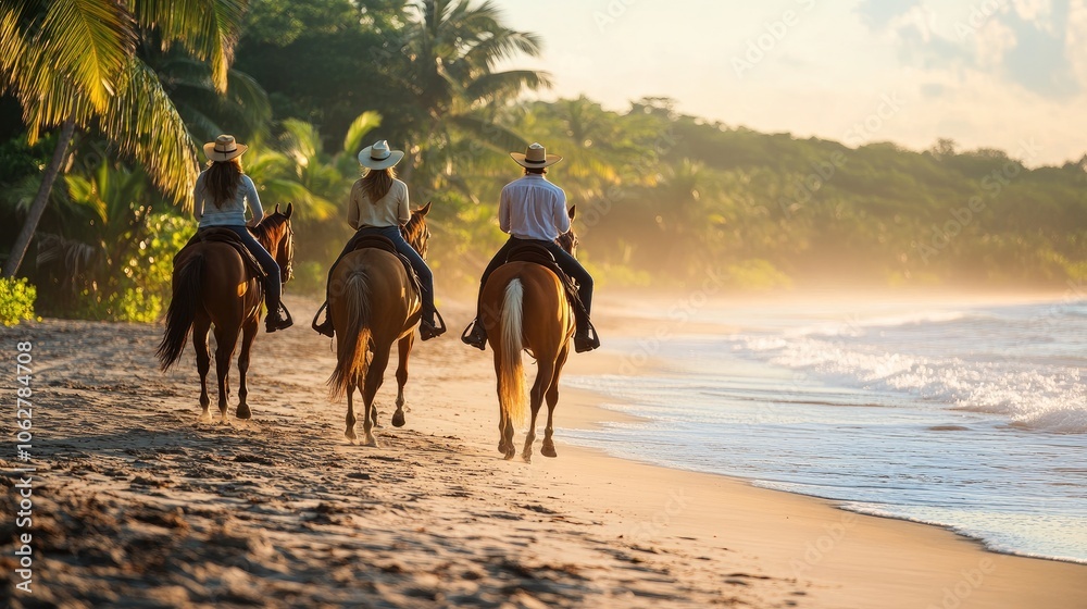 Naklejka premium Horseback riding on tropical beach at sunset: tourists enjoying scenic ocean views