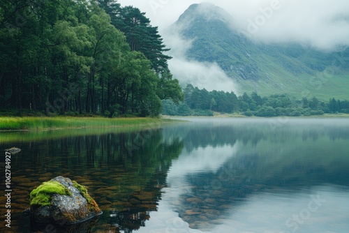 Loch achtriochtan reflecting lush trees and misty mountains in glencoe, scotland photo