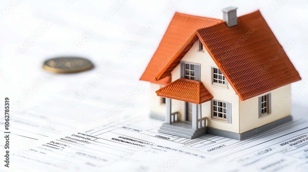 House model on desk beside mortgage documents and approval stamp House model on desk beside mortgage documents and approval stamp