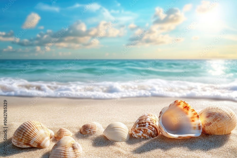 Seashells resting on the beach at sunset creating a serene coastal scene Seashells resting on the beach at sunset creating a serene coastal scene