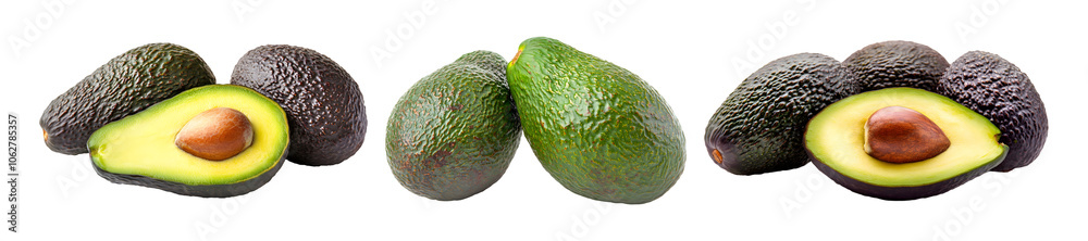 Set of avocado isolated on transparent background, cut out