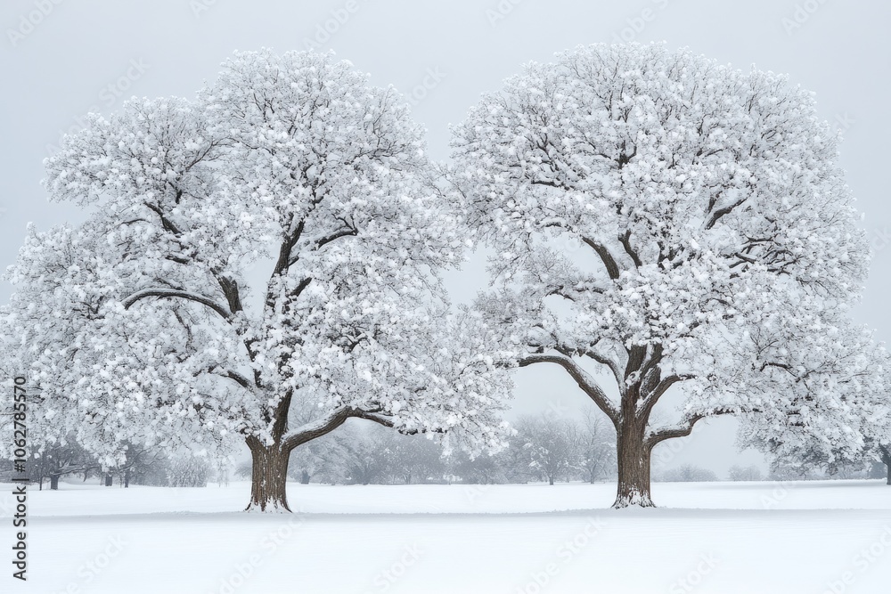 Fototapeta premium Two large majestic trees covered in snow in winter landscape