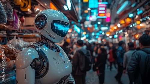 AI robot mingling with people in a packed futuristic bazaar, observing a vendor's wares, neon and holographic signs around, colorful lighting, diverse crowd, realistic textures on the robot,