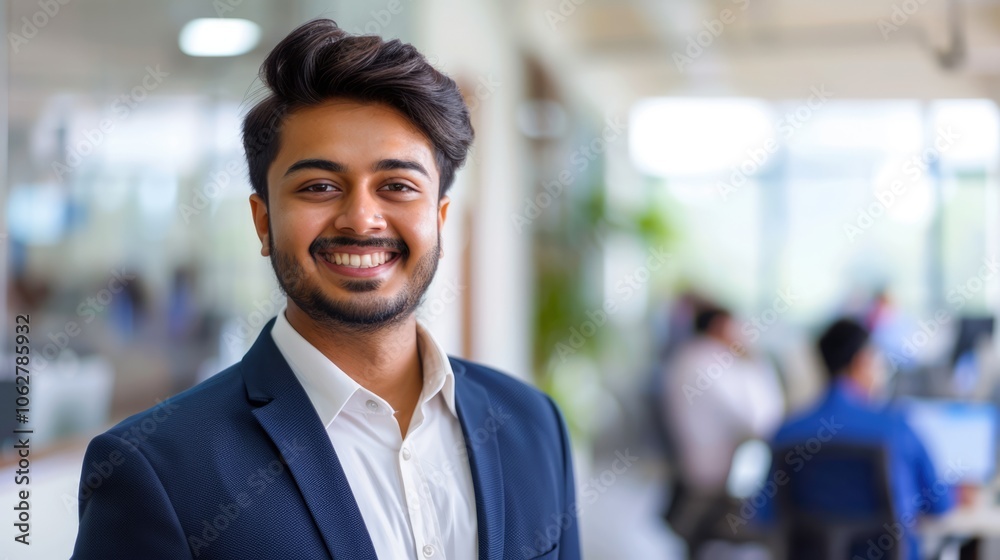 a young smiling indian businessman is standing in the office a young smiling indian businessman is standing in the office