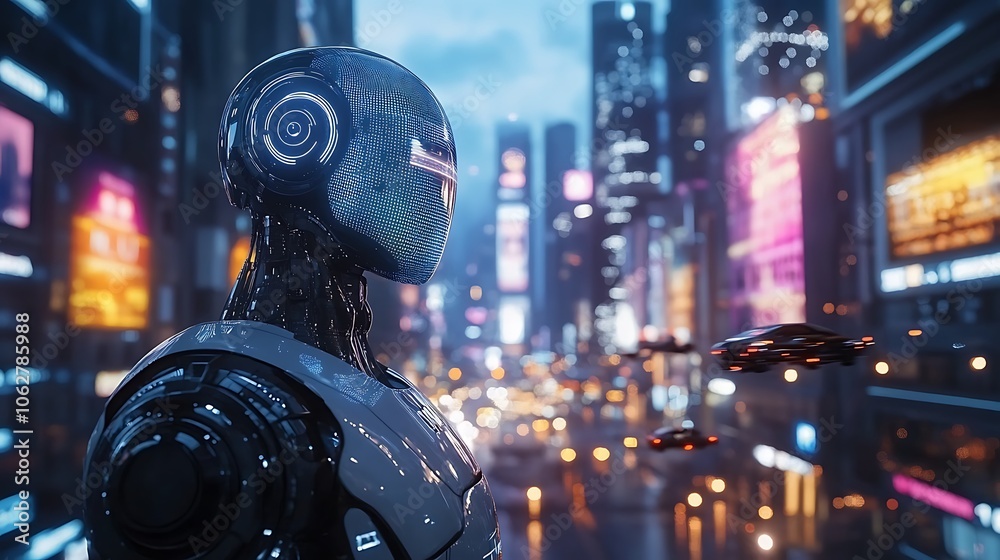 AI robot observing a vibrant neon-lit cityscape, flying cars moving through the skyline, skyscrapers covered in holographic lights and billboards, soft reflections on robot’s metallic surface, AI robot observing a vibrant neon-lit cityscape, flying cars moving through the skyline, skyscrapers covered in holographic lights and billboards, soft reflections on robot’s metallic surface,