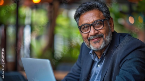 a mature smiling indian businessman is sitting at his laptop in the office