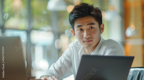 a young smiling chinese businessman is sitting at his laptop in the office