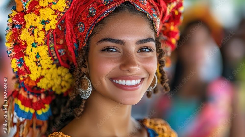 Brazilian woman smiling and wearing traditional headdress at carnival celebration Brazilian woman smiling and wearing traditional headdress at carnival celebration