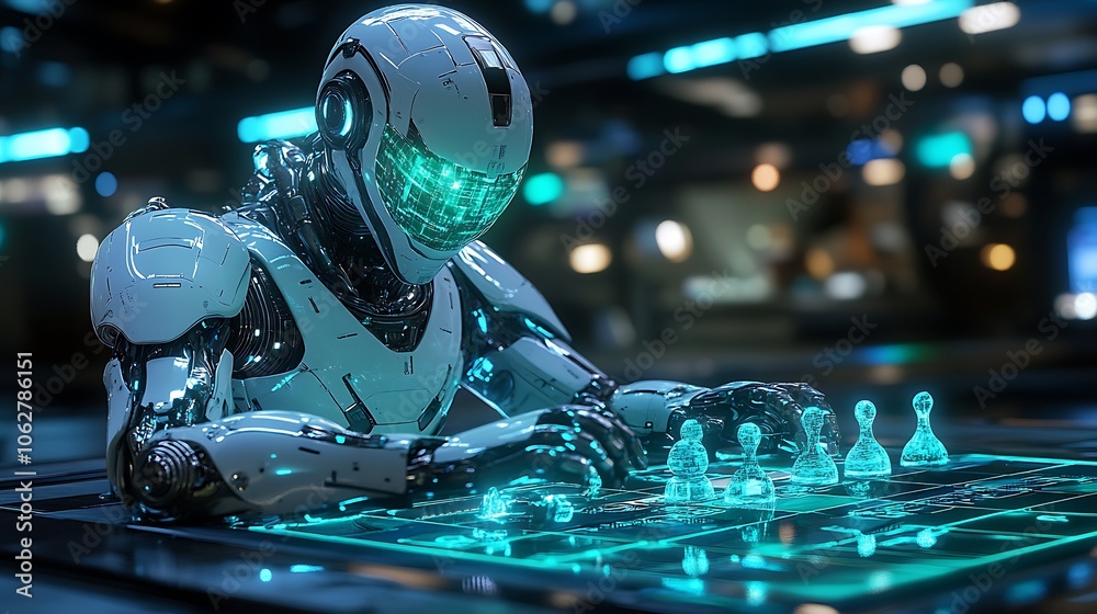 AI robot playing a strategy game with holographic pieces in a high-tech room, intense blue and green lighting, detailed metallic features, ambient reflections, strategic atmosphere,