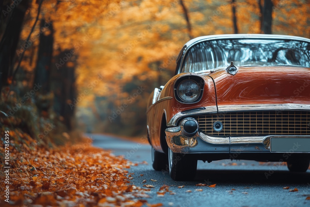 Fototapeta premium Classic car driving on scenic autumn road