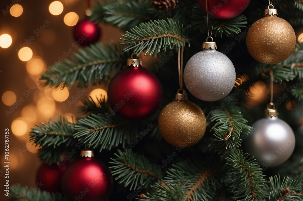 close up of christmas tree with red and gold baubles decoration close up of christmas tree with red and gold baubles decoration