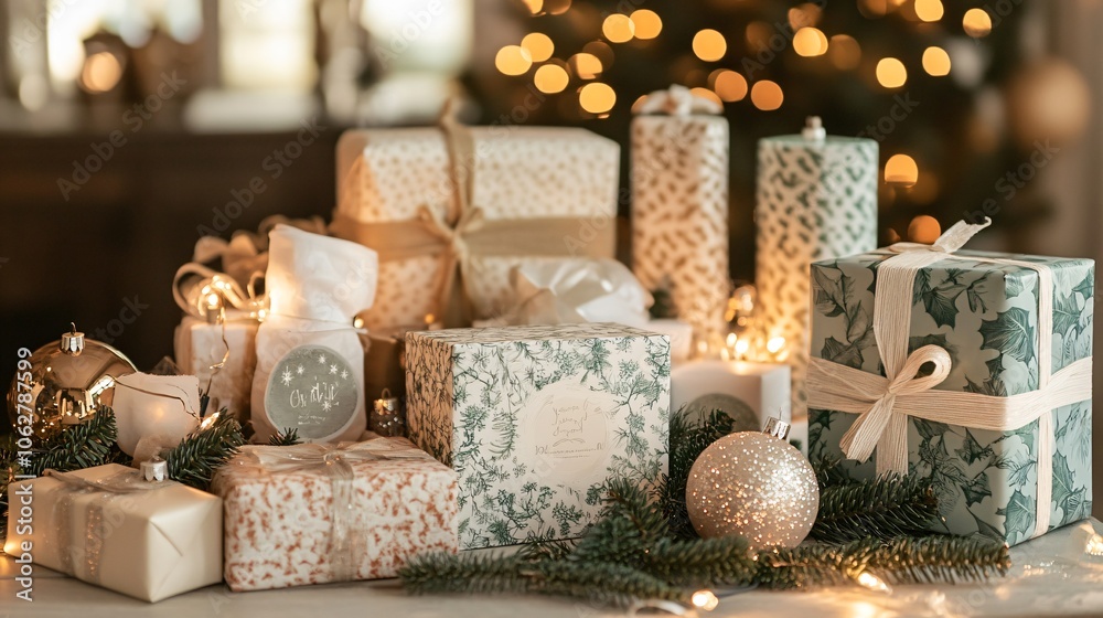 Christmas Presents Wrapped in Elegant Paper with Festive Lights Christmas Presents Wrapped in Elegant Paper with Festive Lights
