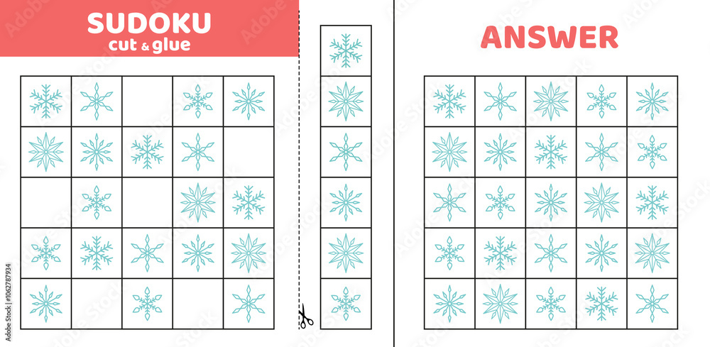 Sudoku with beautiful snowflakes. Game puzzle for kids. Cut and glue. Cartoon Sudoku with beautiful snowflakes. Game puzzle for kids. Cut and glue. Cartoon