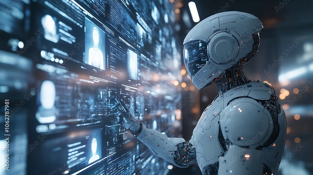 Fototapeta premium AI robot standing in a futuristic office, interacting with virtual assistant holograms, digital displays floating around, soft neon lighting, smooth metallic and glass textures,