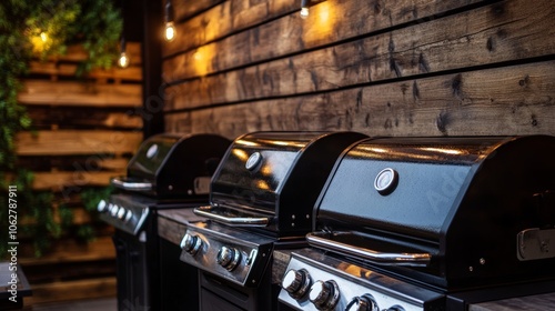 Outdoor grills on a rustic patio background with warm lighting to create a cozy and inviting atmosphere photo