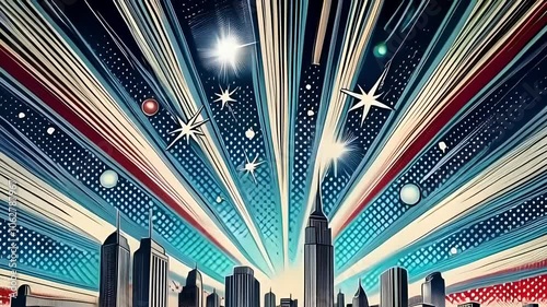 A retro comic book-style video of a cityscape with skyscrapers under a starry sky with dramatic radial lines, inspired by pop art aesthetics.