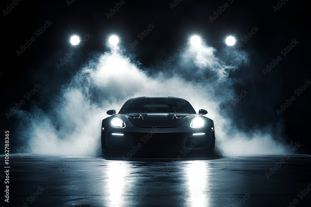 Black sports car on a black background in the center. Smoke and spotlights Black sports car on a black background in the center. Smoke and spotlights