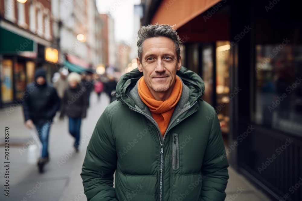 Handsome middle-aged man in a green jacket and orange scarf on a city street.