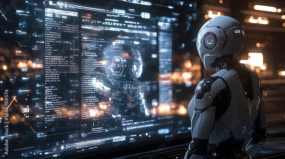 AI robot standing in front of a holographic display wall in a futuristic office, surrounded by virtual assistants and data visuals, calm ambient light, reflective metallic textures, AI robot standing in front of a holographic display wall in a futuristic office, surrounded by virtual assistants and data visuals, calm ambient light, reflective metallic textures,