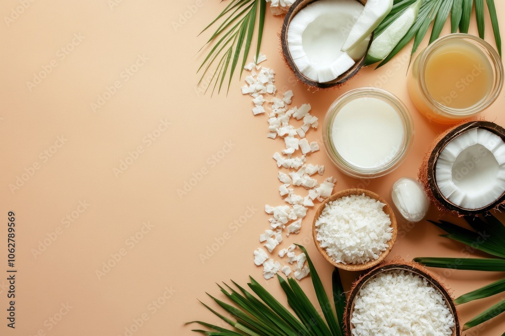 A flat lay of various coconut-based products like oil, milk, and flakes, arranged aesthetically with blank space for text. Perfect for commercial use in food or beauty product advertisements. A flat lay of various coconut-based products like oil, milk, and flakes, arranged aesthetically with blank space for text. Perfect for commercial use in food or beauty product advertisements.
