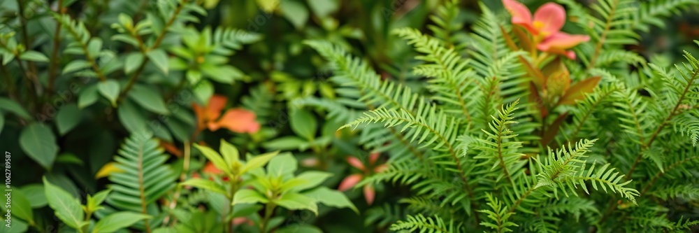 Whimsical background of green fern leaves in a natural setting, plant, leaves Whimsical background of green fern leaves in a natural setting, plant, leaves